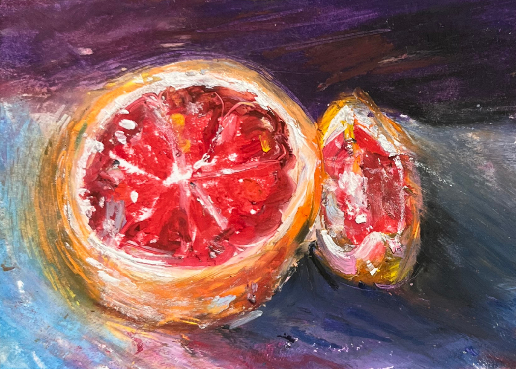 Juicy Ruby Red Grapefruit Oil Pastel Still Life Painting Print
