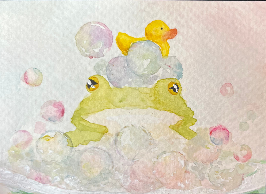 Bubble Bath Froggie and Rubber Duckie Watercolor Illustration Print