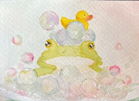 Bubble Bath Froggie and Rubber Duckie Watercolor Illustration Print
