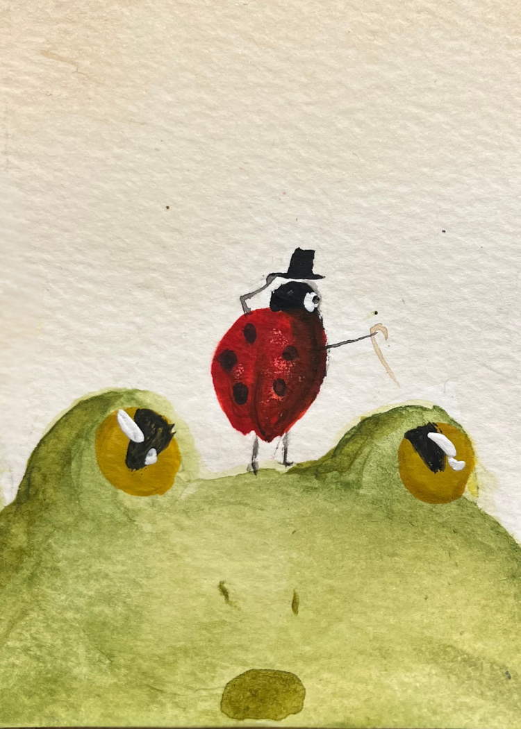 Ladybug surprises frog with performance! Watercolor Illustration Print