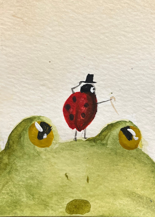 Ladybug surprises frog with performance! Watercolor Illustration Print